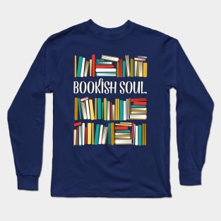 Bookish soul // black bookshelf background yellow neon red white and teal books Long Sleeve T-Shirt